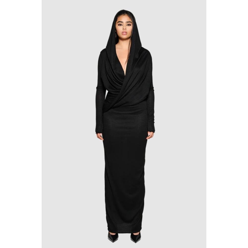 COUCOO Ginza Long Sleeve Hooded Maxi Dress in Satin Black, Size Small